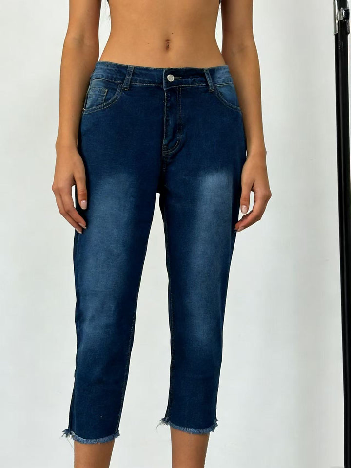 Damer casual High-Waist jeans med frynset kant og trendy snit Skovae
