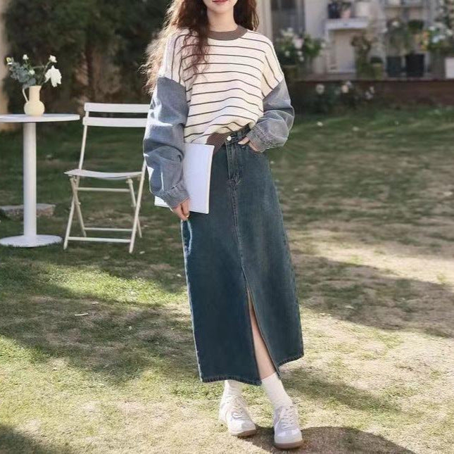 Dame mode sweater med denim ærmer Stilla