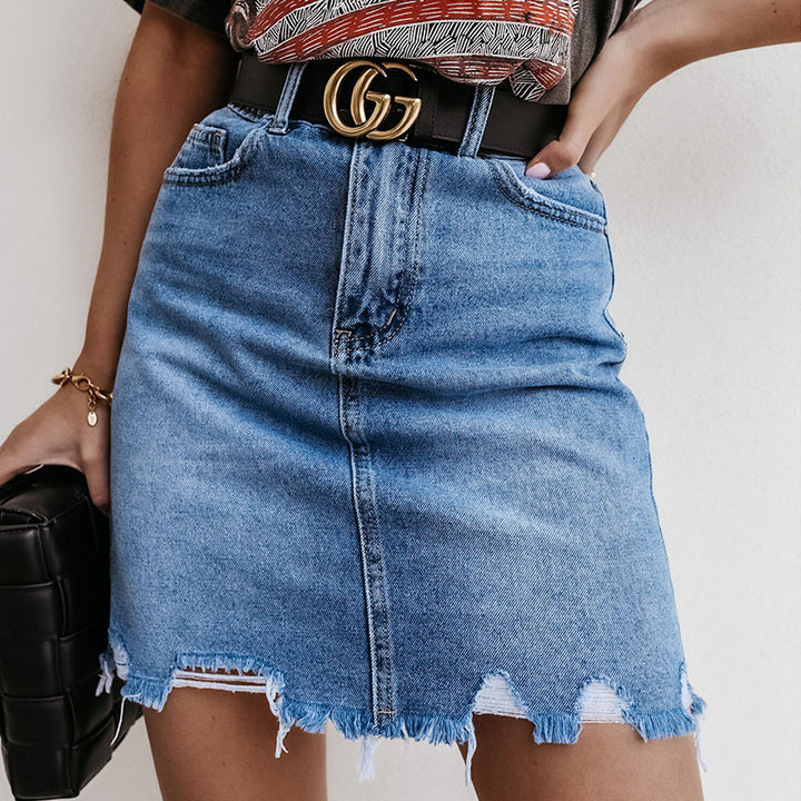 Kvindernes denim mini nederdele i vintage stil med frynset kant Stilla