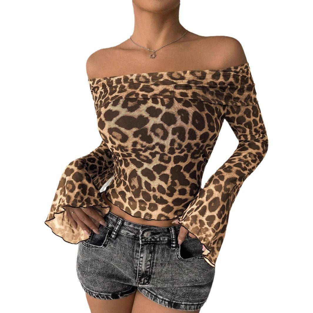 Dame nan figursyet off-shoulder net crop top med leopardmønster og udstyrede ærmer Skovae
