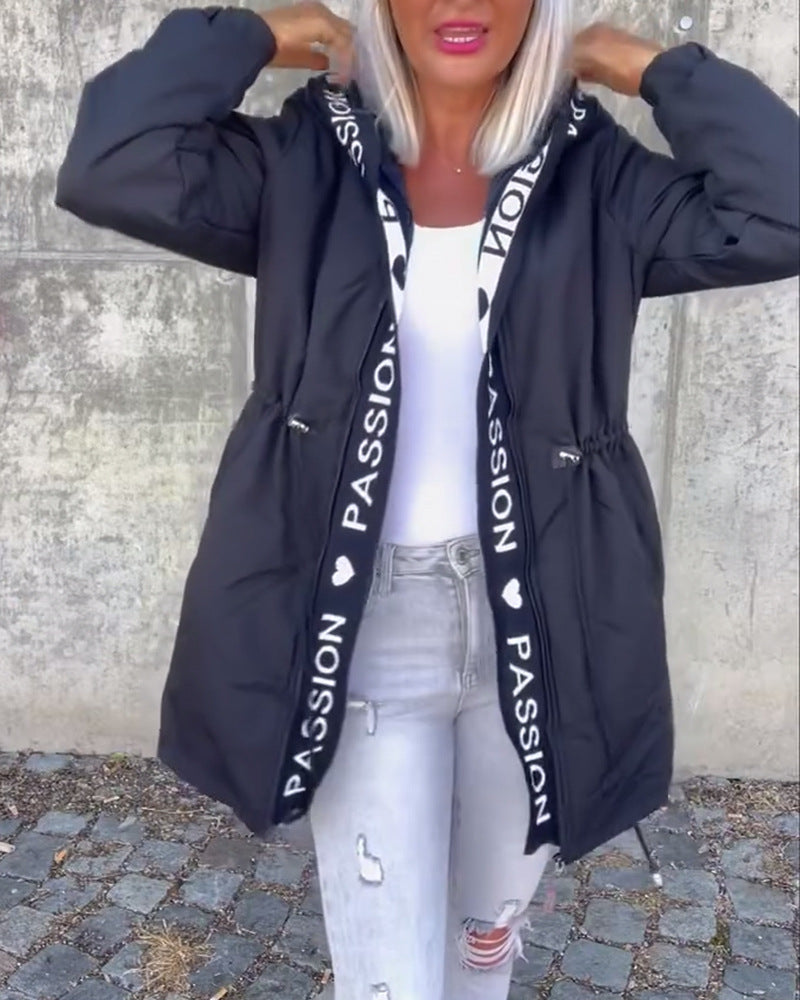Dame nan Hoodie parka med tunneltræk talje og logo bånd lynlås Skovae