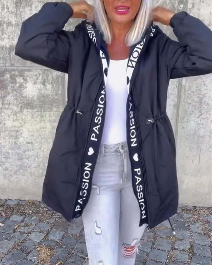 Dame nan Hoodie parka med tunneltræk talje og logo bånd lynlås Skovae