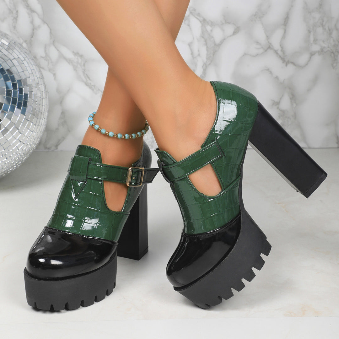 Dame Plateau-pumps med elegant krokodille-look og komfortabel blokhæl Stilla