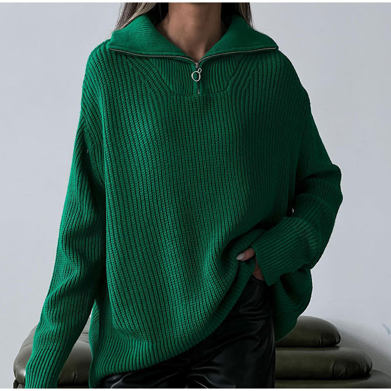 Kvindernes oversized strikket sweater med høj hals og lynlås Stilla
