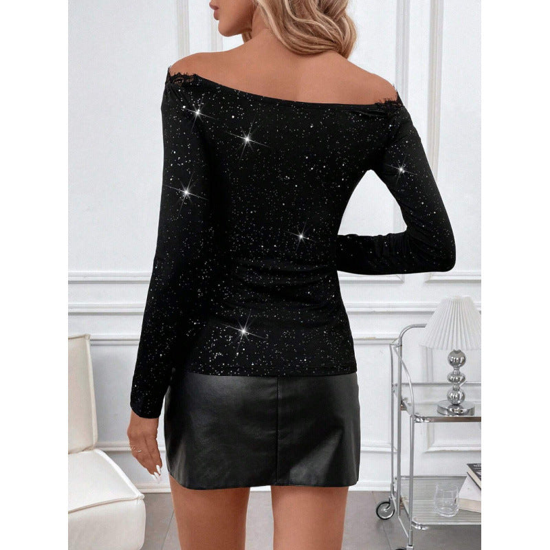 Dame spidsbody med funklende accenter og off-shoulder design Skovae