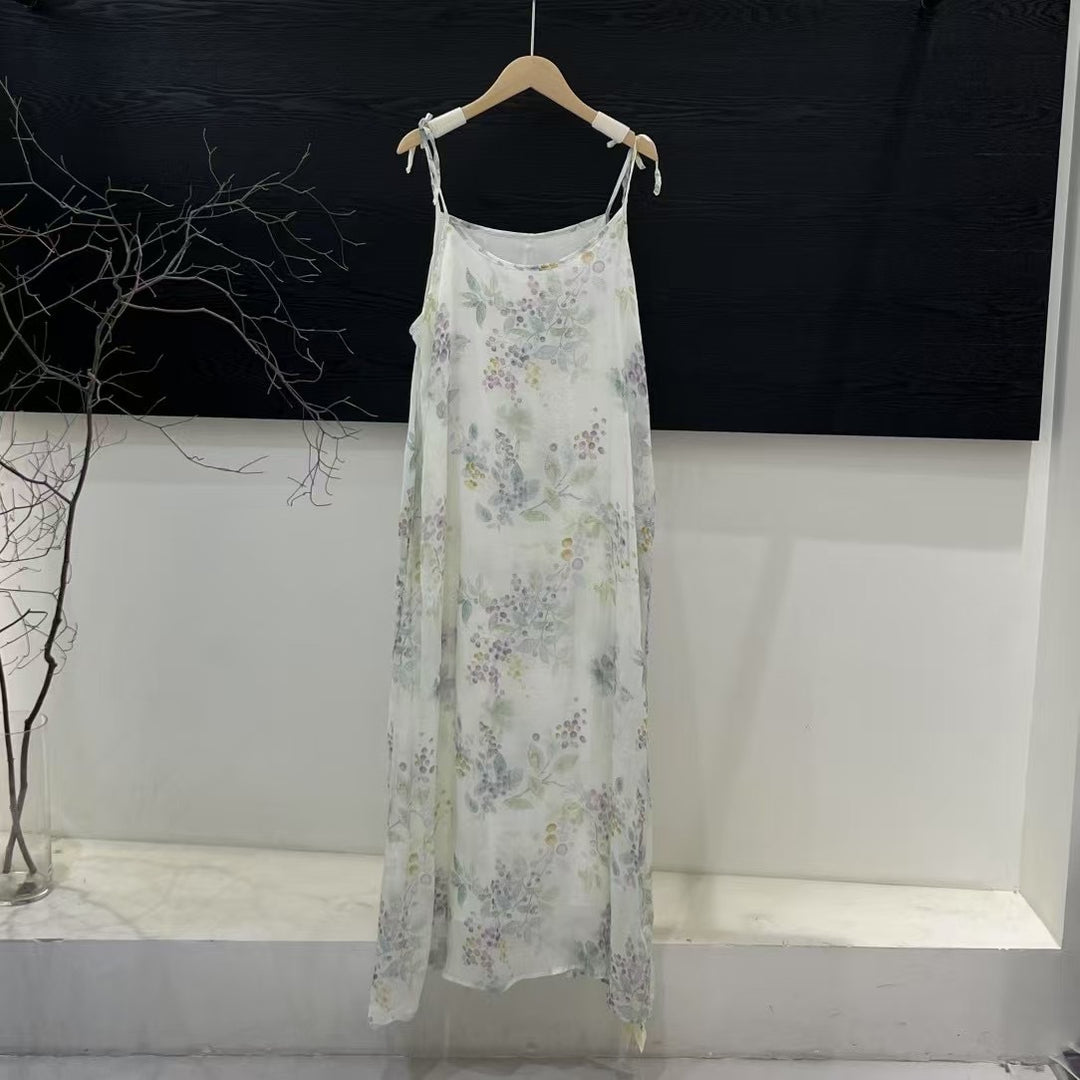 Dame Floral Print Maxi Kjole med justerbare Spaghetti- stropper Stilla
