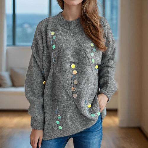Dame hyggelig strikket pullover med glitrende perler Stilla