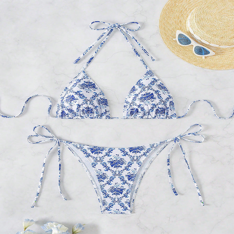 Dame triangel-bikini med justerbare bånd og blomsterdesign Skovae