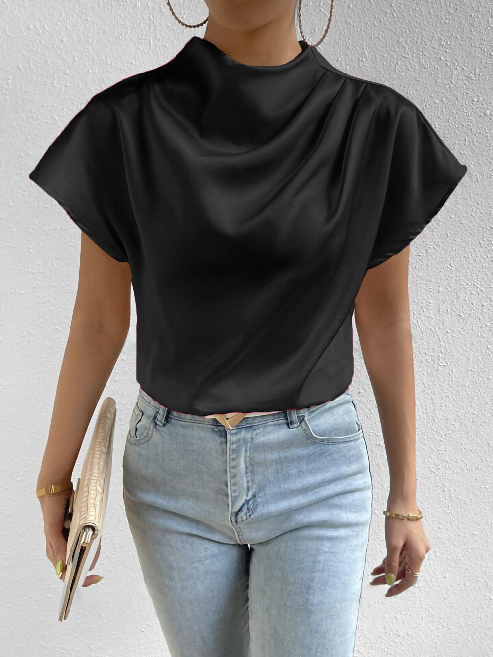 Dame elegant bluse med høj hals og flagrende ærmer Stilla