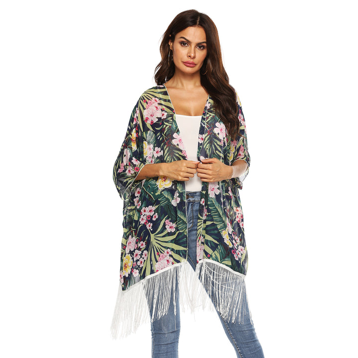 Dame kimono med blomsterdesign og frynser Skovae