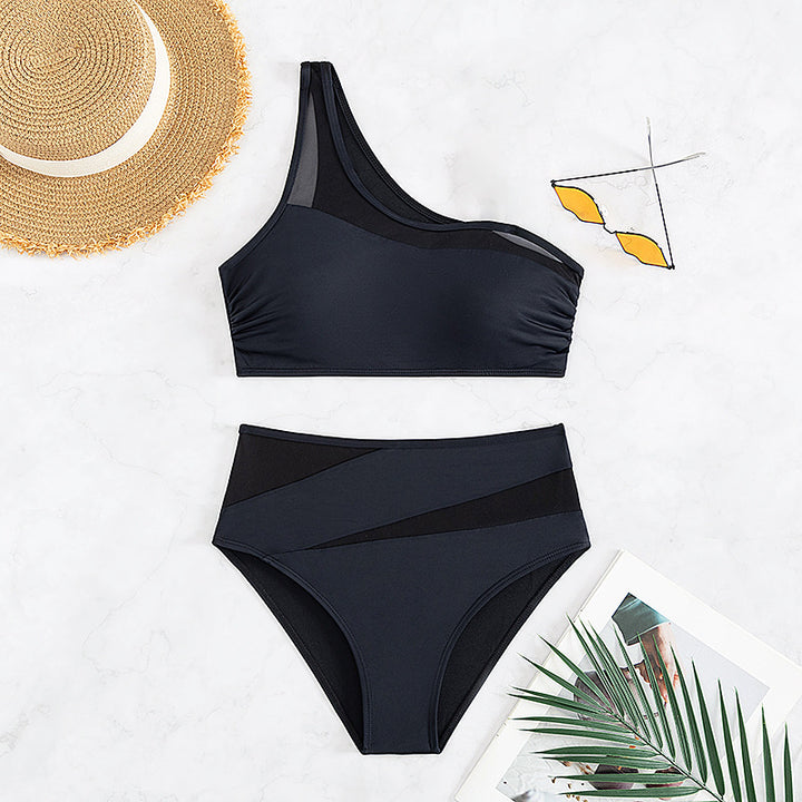 Dame triangel-bikini-sæt med asymmetrisk top og højt skåret trusse Stilla