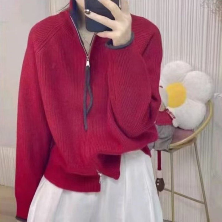 Kvinders strikket sweater med høj krave og lynlås Stilla