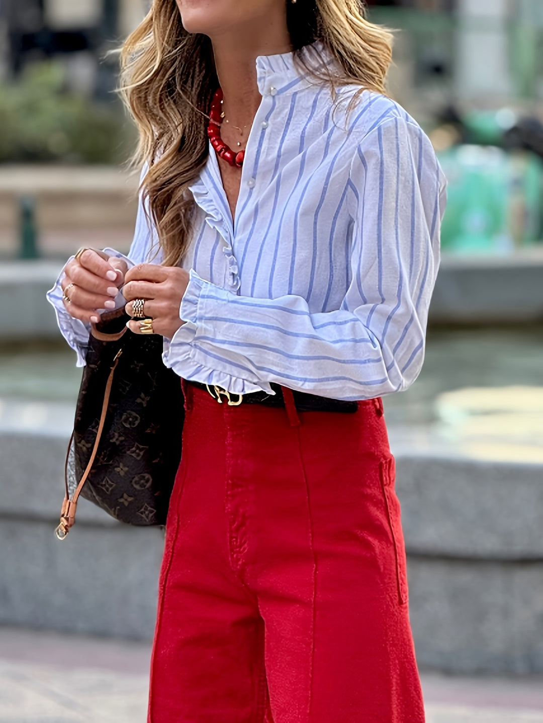 Dame Klassisk Stribet Button-Up Skjorte med Ruffles ærmer Stilla