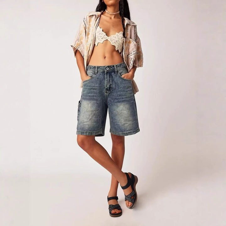 Dame casual Denim shorts med høj talje og bred pasform Skovae