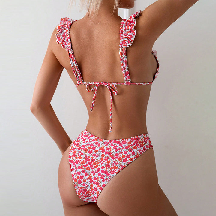 Dame triangel-bikini med glade blomster mønster og elegante ruffles detaljer Skovae