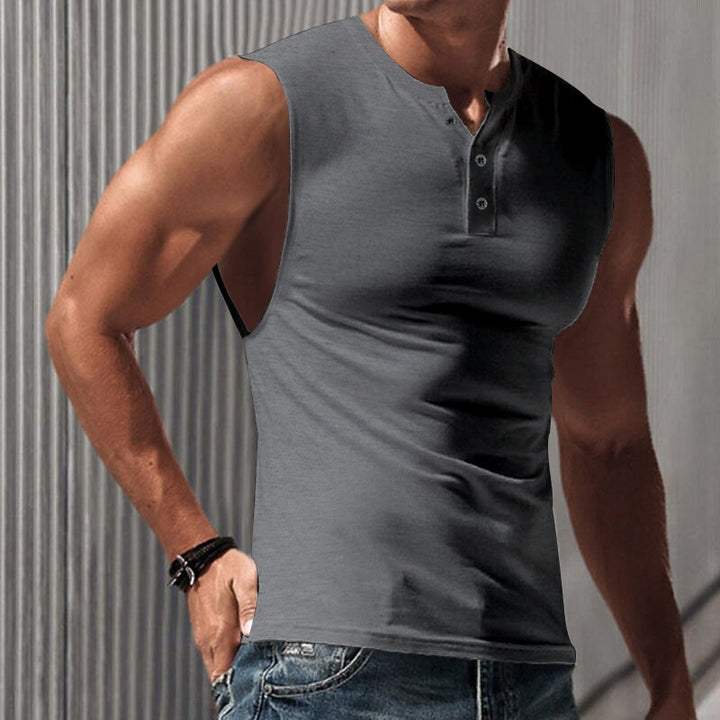 Herren ærmeløs muskelshirt med Henley-knaplukning, dyb armudskæring og elastisk bomuldsblanding Skovae