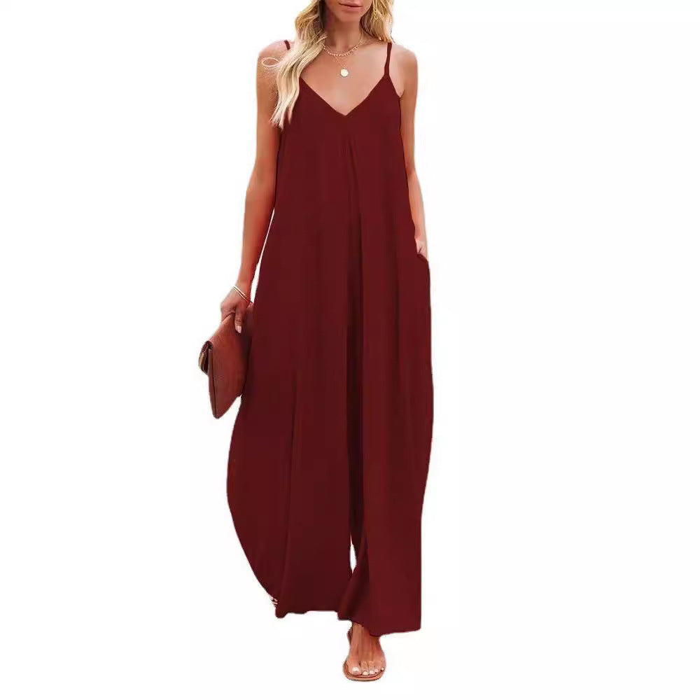 Dame bredskåret jumpsuit med spaghetti stropper Stilla