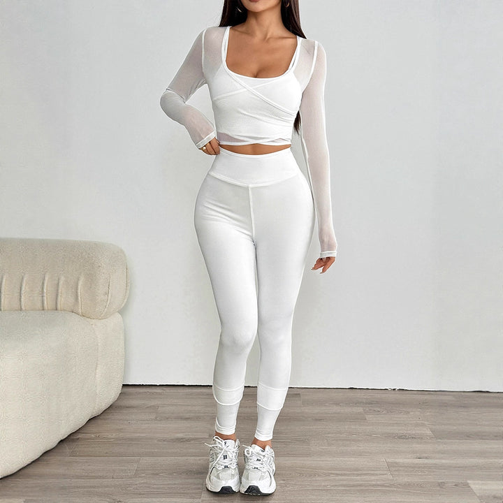 Dame Sporty sæt med kreativ bluse med lange ærmer og figurtilpassede leggings Skovae
