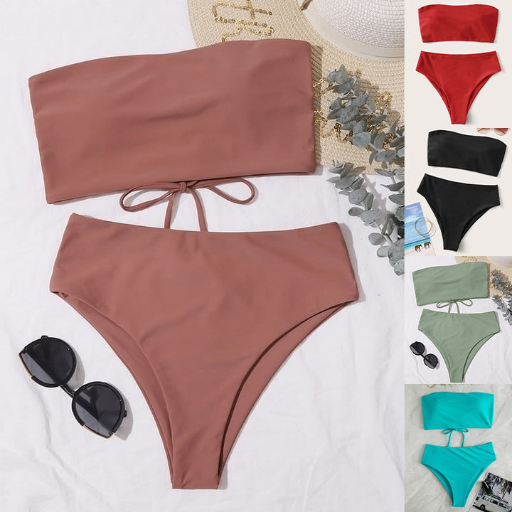 Dame bikini-sæt med bandeau-top og høj talje-bikini-bund Skovae