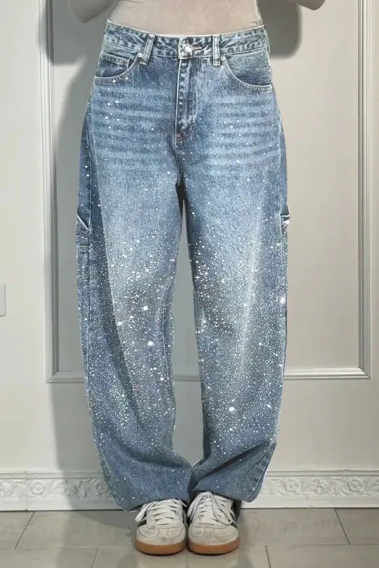 Kvinder casual baggy jeans med glitrende applikationer Stilla