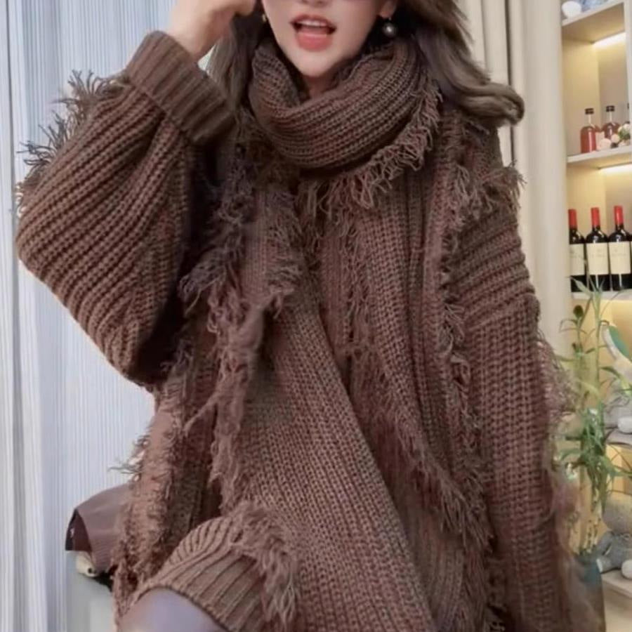 Kvindernes oversized strikket sweater med frynser og V-hals Stilla