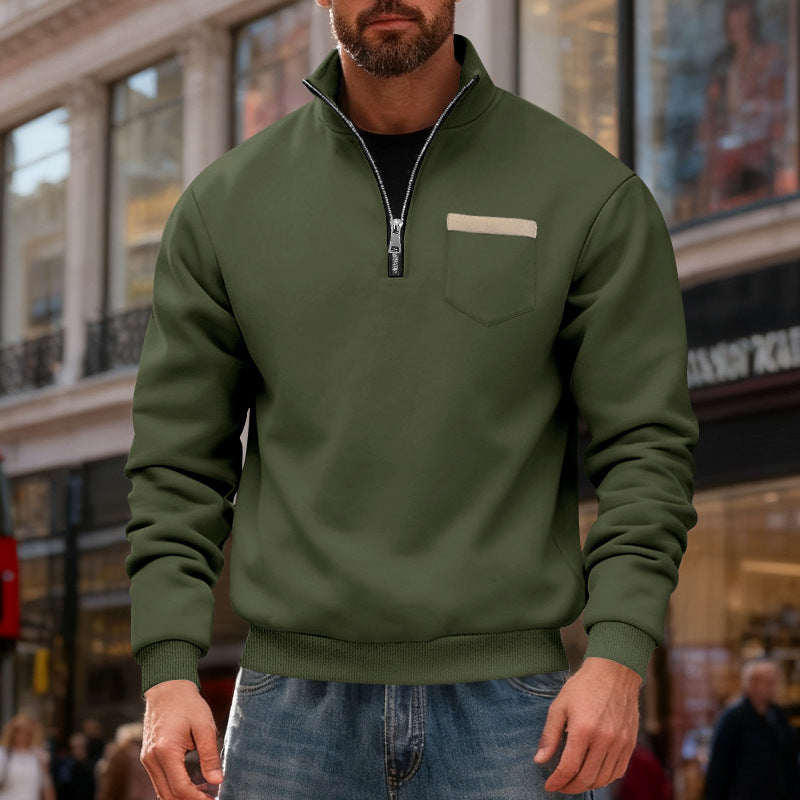 Herren nan sweatshirt med halv lynlås, ståkrave og brystlomme Skovae