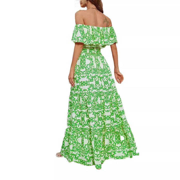 Dame Maxikjole med off-shoulder design og voluminøs flæsekant Stilla