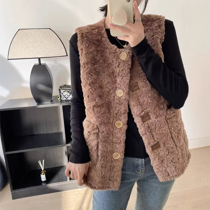 Kvinders hyggelige teddy vest med store lommer Stilla