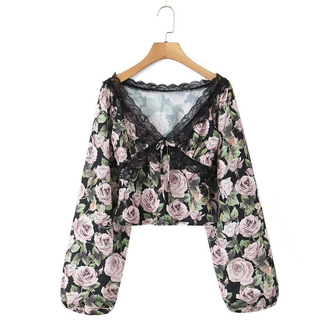 Dame blomster mønster crop-top med spids accenter og afslappet snit Stilla