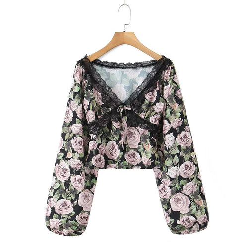 Dame blomster mønster crop-top med spids accenter og afslappet snit Stilla