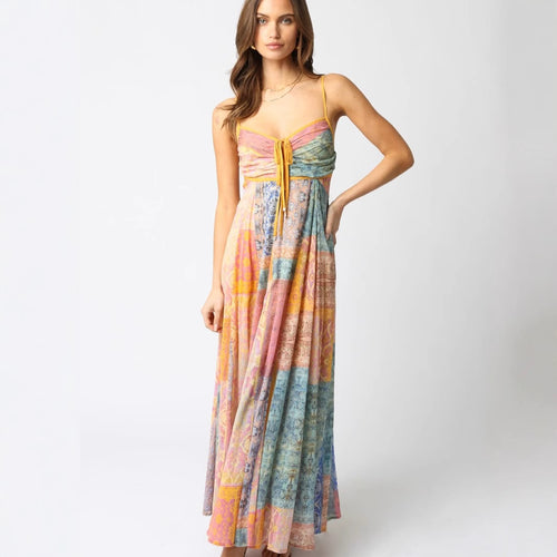 Dame lang maxi kjole med rynket bustier, snoretræk og patchwork-print Skovae