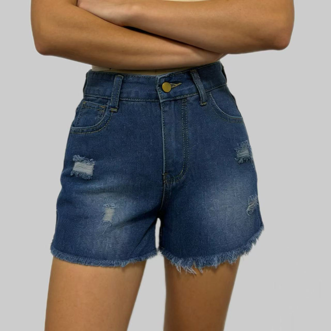 Dame Designer Denim-Shorts med frynser og rå kant Skovae
