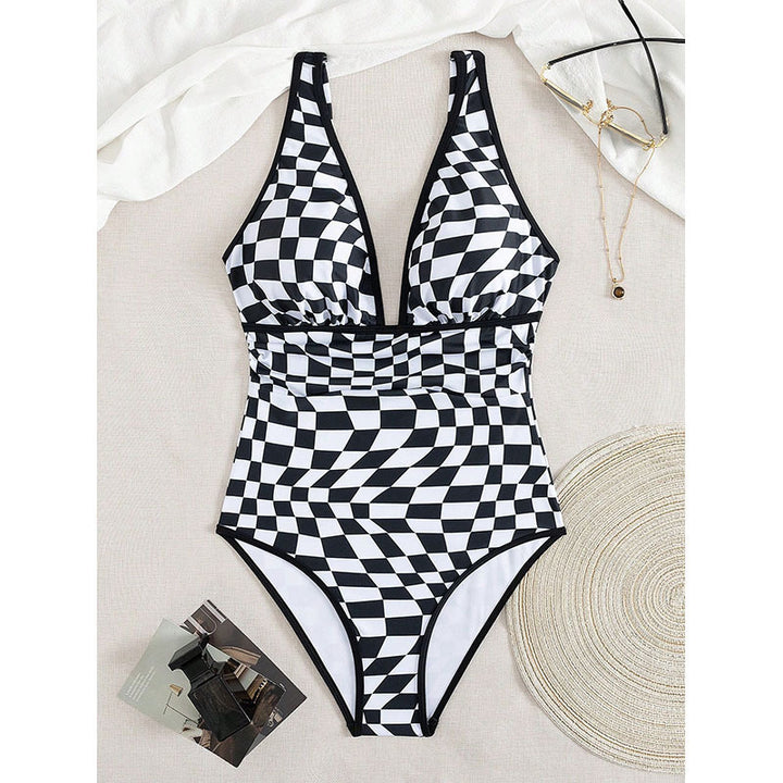 Dame one-piece badedragt med moderne skakbræt-mønster Skovae