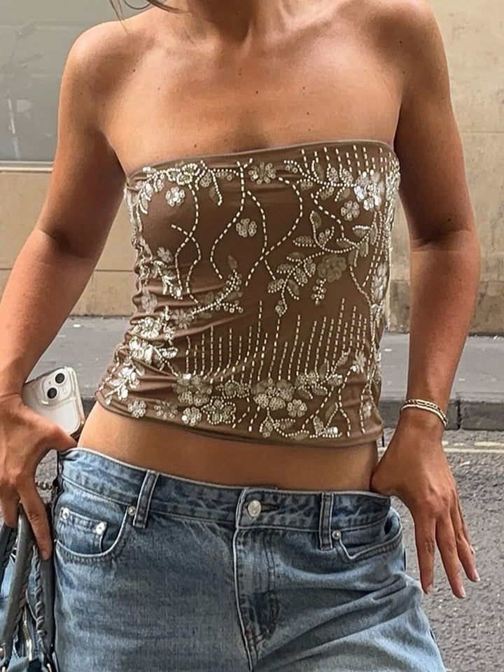 Damen eleganter Crop-Top mit Blumenstickerei und Pailletten Skovae