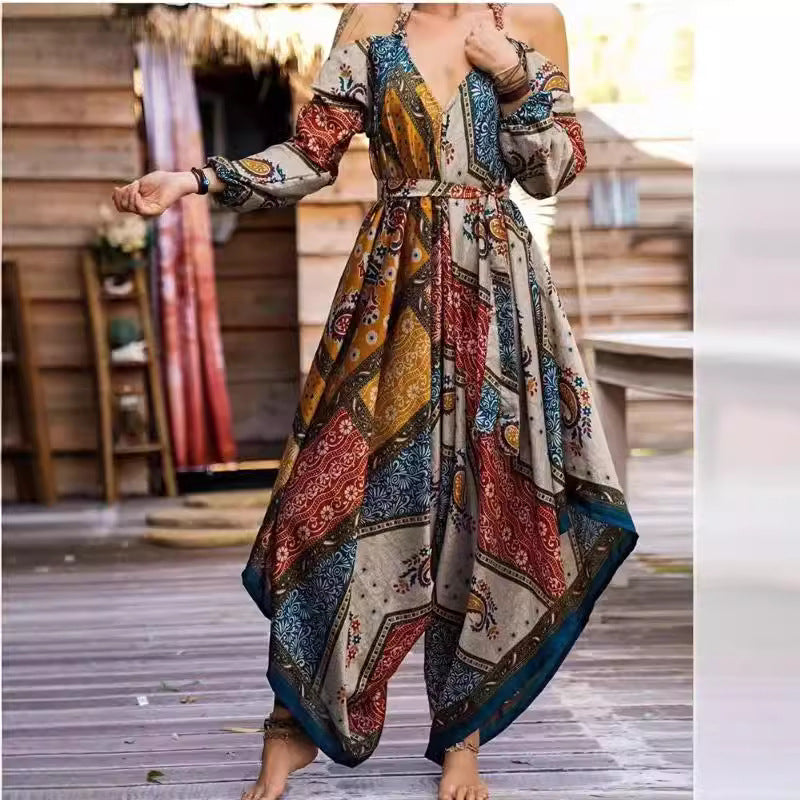 Dame Langt Vavede Kjole med Legende Mønster og Off-Shoulder Design Skovae