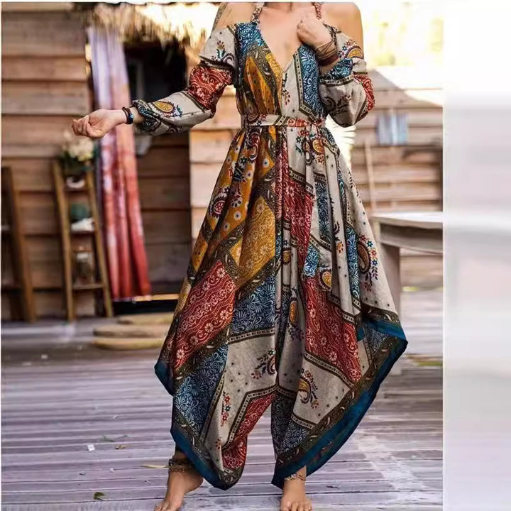 Dame Langt Vavede Kjole med Legende Mønster og Off-Shoulder Design Skovae