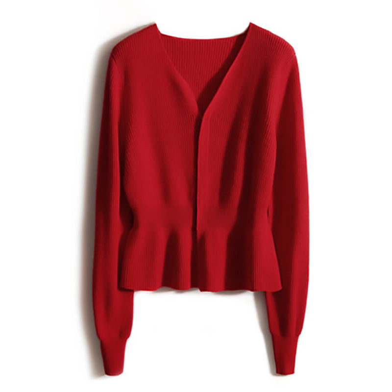 Dame elegant striktrøje med peplum skæring og V-udskæring Stilla