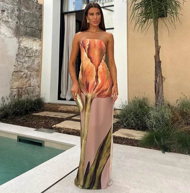 Dame Strapless Maxikjole med kunstnerisk mønster Stilla