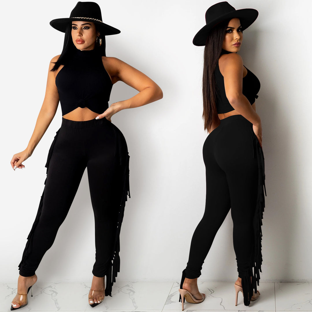 Dame Figurtilpassede High-Waist Leggings med frynser og elastisk talje Stilla