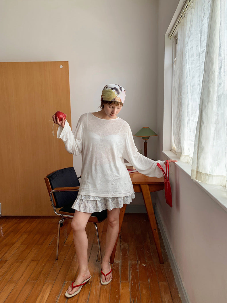 Dame afslappet top med lange, gennemsigtige ærmer og legesyg flæsekanter Stilla