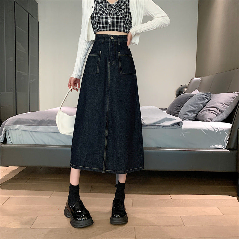 Kvinder Lang Denim Nederdel med Praktiske Lommer Stilla