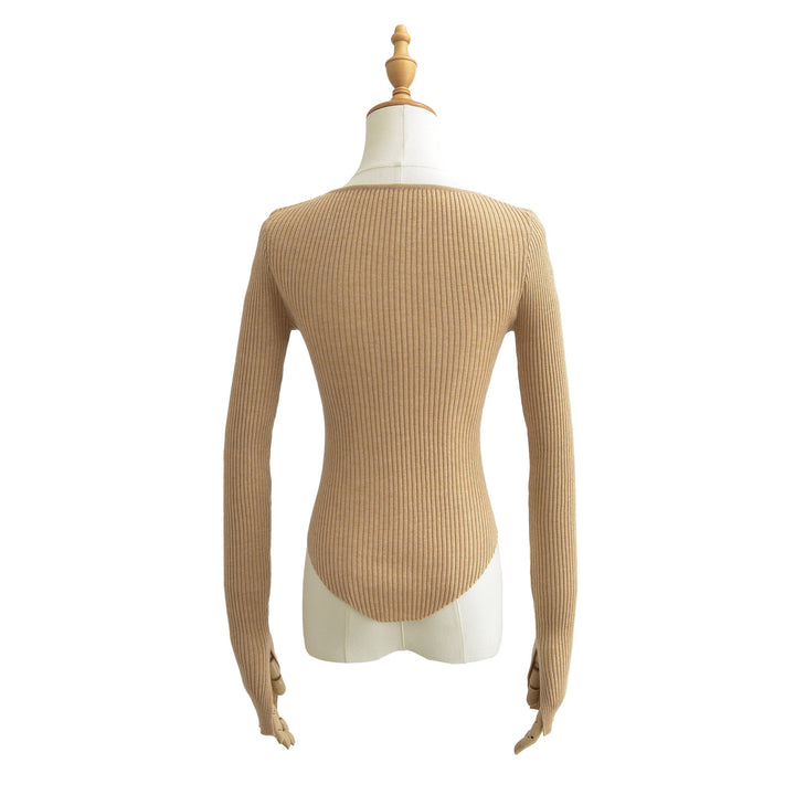Dame Langærmet bodystocking i elegant ribdesign med knapstolpe Stilla