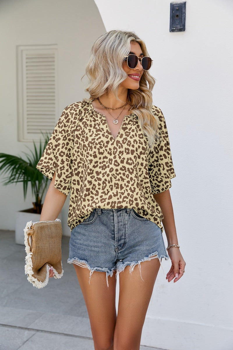 Dame afslappet kortærmet bluse t-shirt med iøjnefaldende leopardmønster Stilla