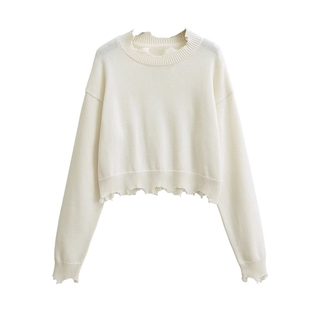 Dame afslappet cropped sweatshirt med trendy cut-out og frynset kant Stilla