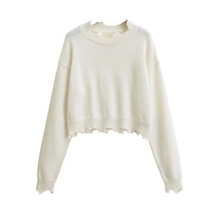 Dame afslappet cropped sweatshirt med trendy cut-out og frynset kant Stilla