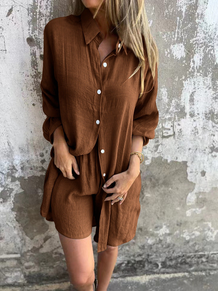 Dame Løs Bluse-Shorts-Sæt med Oversized Snit og Luftig Struktur Skovae