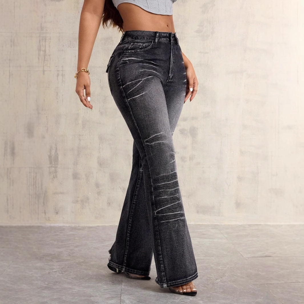 Kvindernes højtaljede bootcut jeans med fashionable brugt-look Stilla
