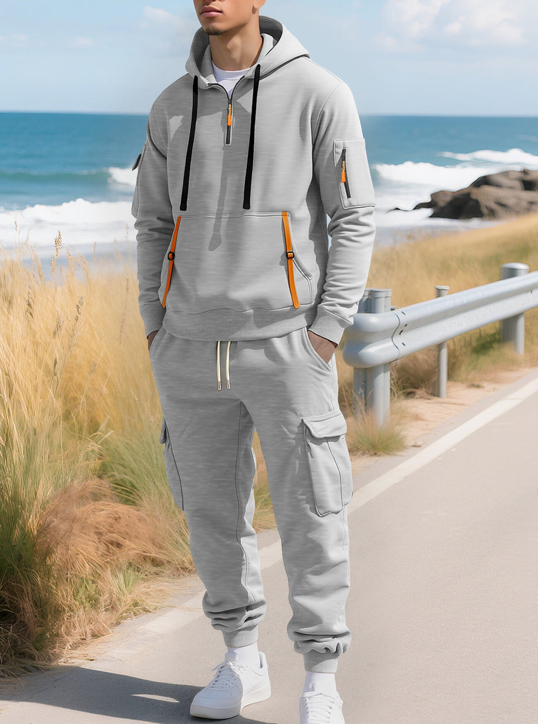 Herre casual halv-zip hoodie med kængurulomme og cargo joggerbuksen med lynlåsdetaljer Skovae