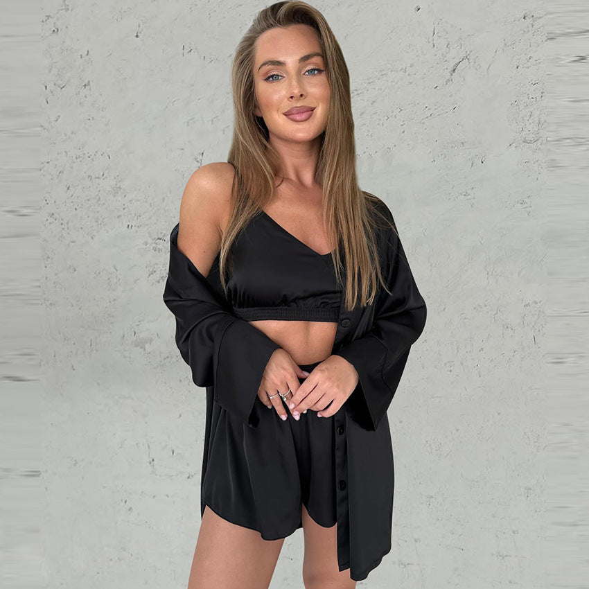 Dame Satin-Pyjama-Sæt med elegant sjalkrave og komfortabel pasform Stilla