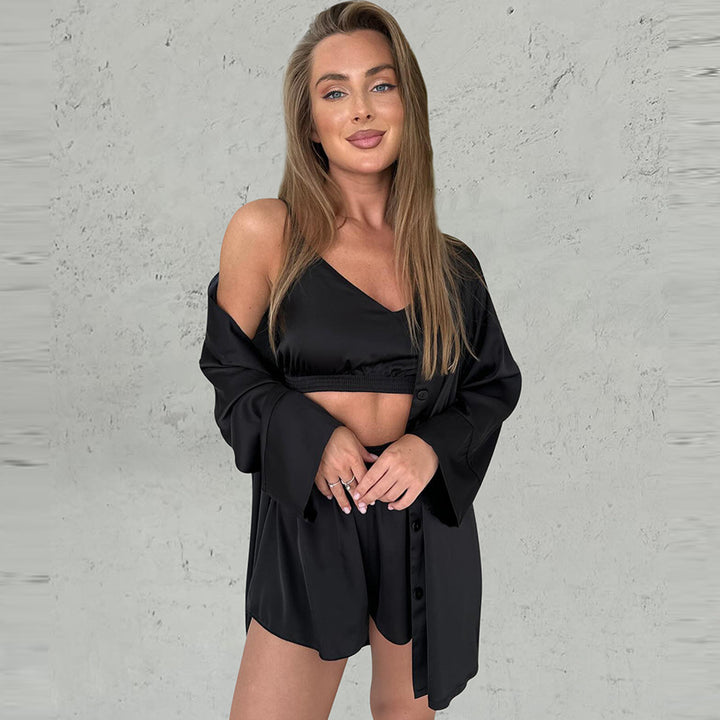 Dame Satin-Pyjama-Sæt med elegant sjalkrave og komfortabel pasform Stilla